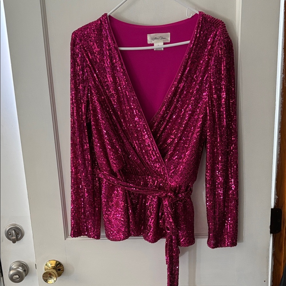 Fushia Sequin Wrap Blouse with Self-Tie Waist